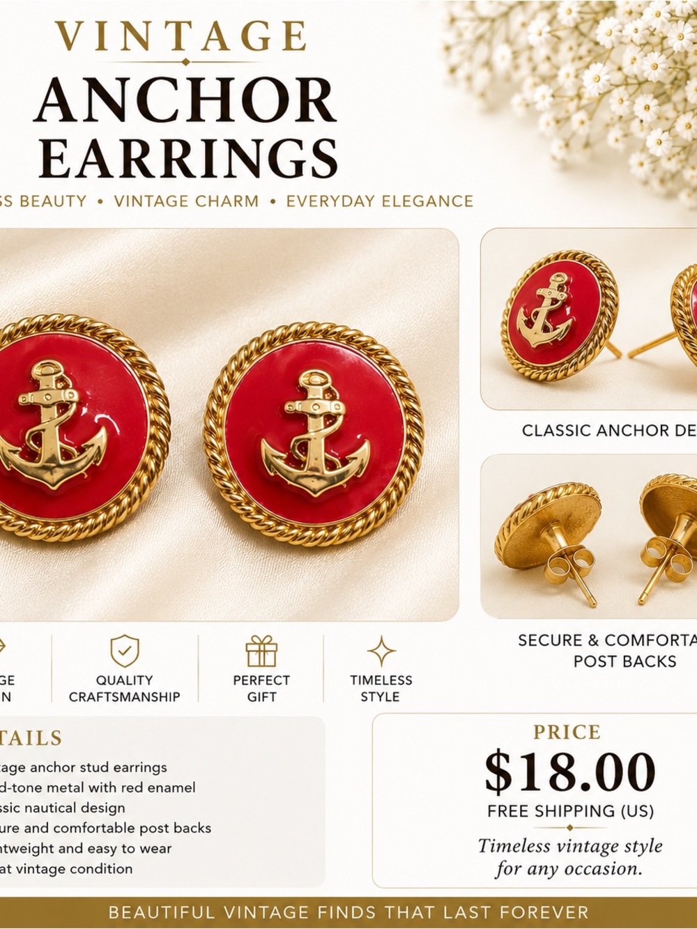 Vintage Red Anchor Button Earrings with Gold Rope Trim